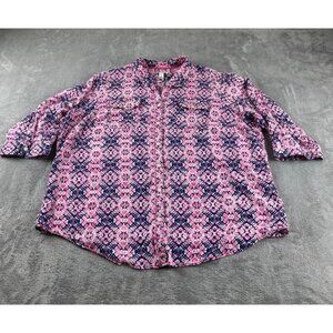 Croft & Barrow Woman 1X Pink Blue Print 3/4 Sleeve Button Front Shirt Top